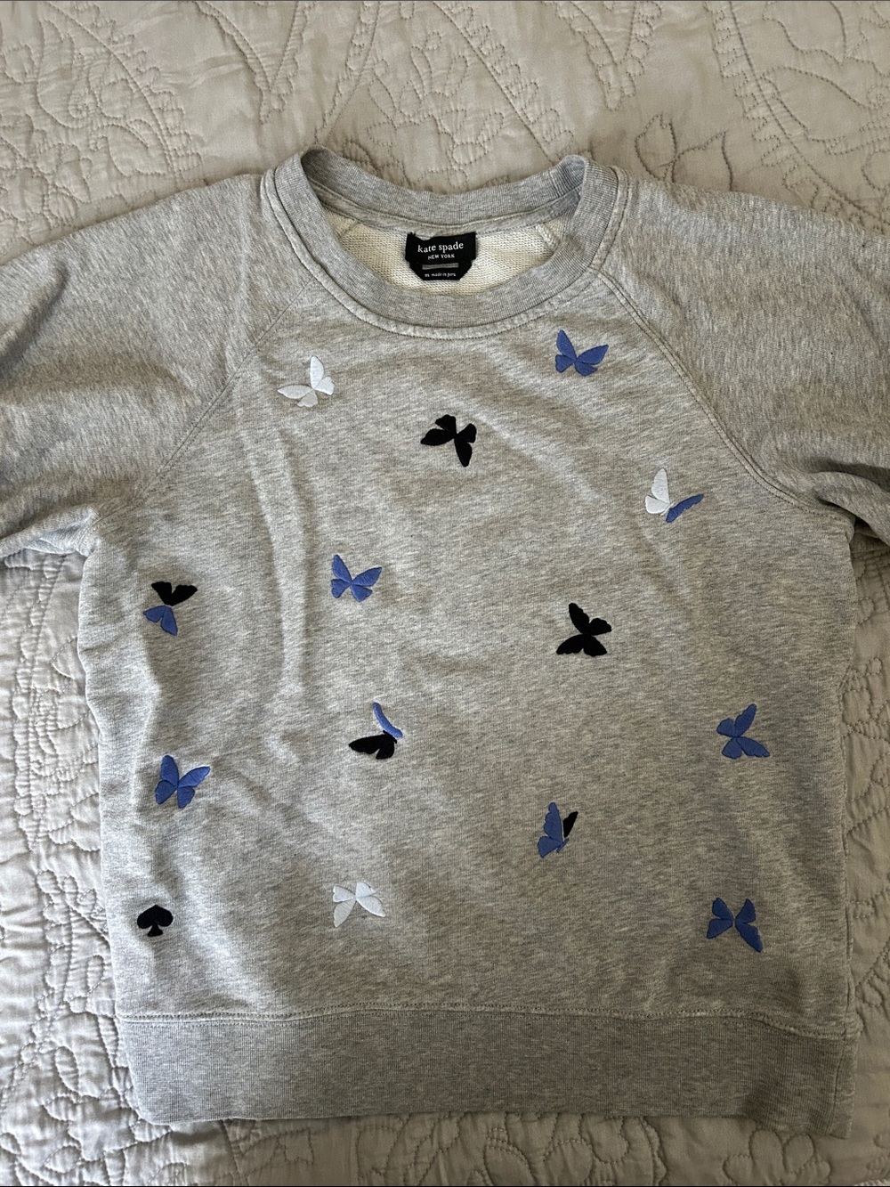 kate spade Heather Gray Sweatshirt with Blue, Navy & White Butterflies